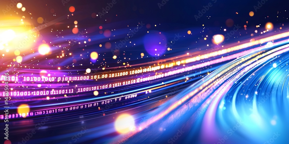 Aufkleber Futuristic Digital Data Flow with Glowing Particles and Binary Code in a Deep Blue Background Exemplifying Technology and Innovation Concept