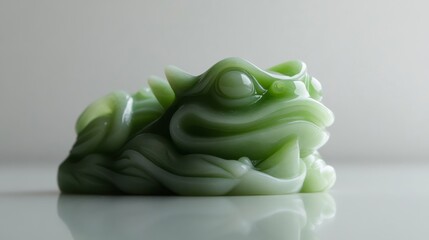 A jade statue of a lucky money frog, symbolizing wealth and abundance, placed on a reflective white surface,