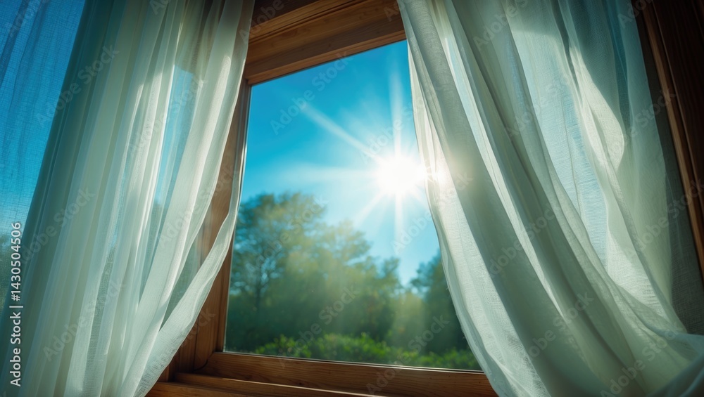 Poster Sunlit morning scene with open window and flowing curtains