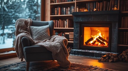 Cozy winter scene by a fireplace