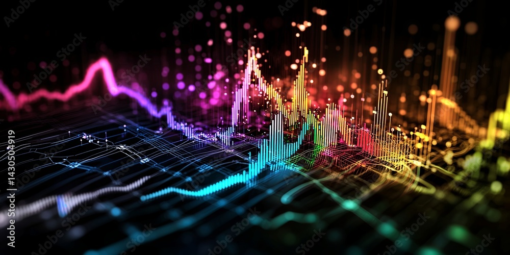 Aufkleber Dynamic Financial Chart with Trend Lines and Colorful Candlestick Patterns Illustrating Market Movements and Statistical Analysis in Dark Composite Background