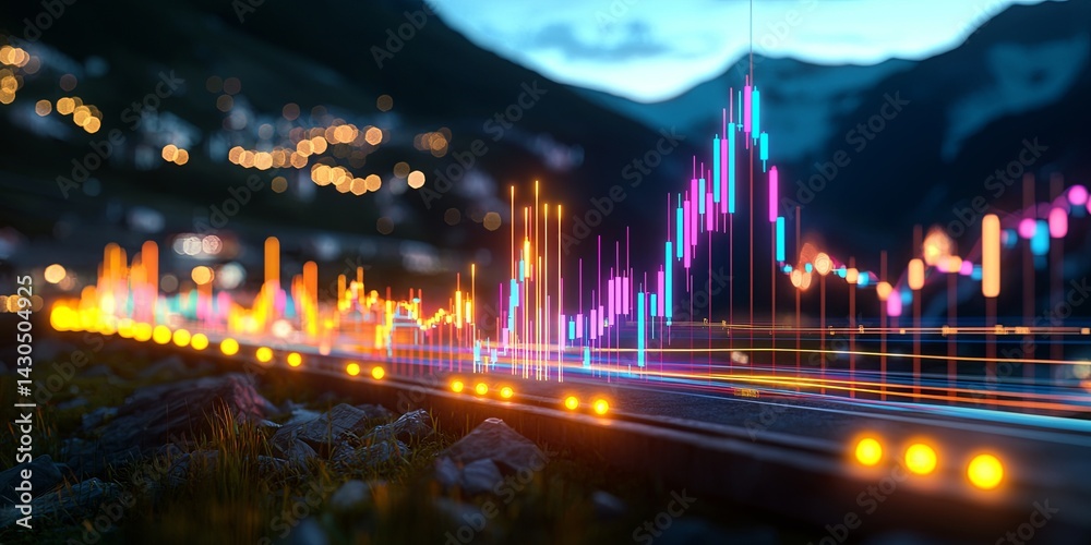 Poster Dynamic Financial Chart with Trend Lines and Colorful Candlestick Patterns Illustrating Market Movements and Statistical Analysis in Dark Composite Background