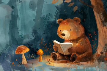 Cozy Bear Reading Under Mushroom Lamp &ndash; Warm Whimsical Illustration with Gouache Texture in PBS Kids Style