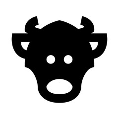 Black and white graphic of a stylized cow face with horns and a surprised expression on a white background