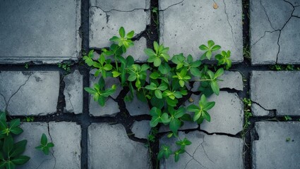 vegetation emerging through sidewalk cracks