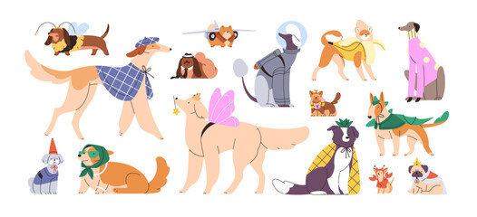 Set of dogs in cute clothes. Fluffy puppies are wearing funny costumes for carnival. Happy pups are in amusing apparels for animals, pets. Flat isolated vector illustrations on white background