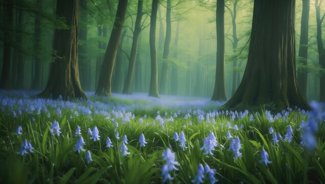 Forest scene featuring bluebells and wildflowers - Powered by Adobe