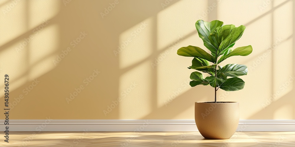 Poster Bright and Minimalist Interior with Fiddle Leaf Fig Plant in a Stylish Pot Decorating an Empty Space with Soft Shadow Effects from Natural Light