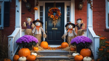 Creepy autumn decorations including flowers and scarecrows on house stairs for Halloween