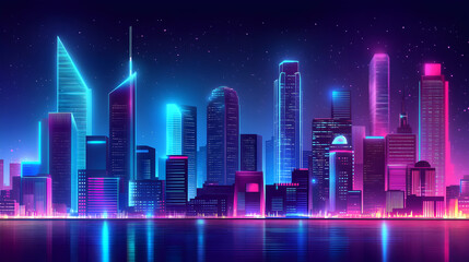 Naklejka premium Futuristic cityscape at night with neon lights reflecting on water creating a vibrant scene