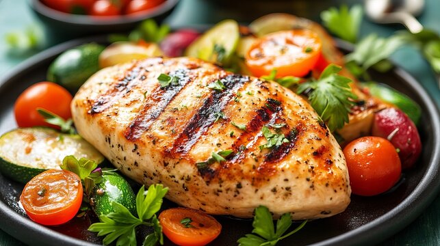 Grilled chicken breast with roasted vegetables delicious summer meal healthy food photography diet