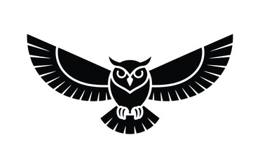 A black silhouette of an owl flying across a calm night sky

