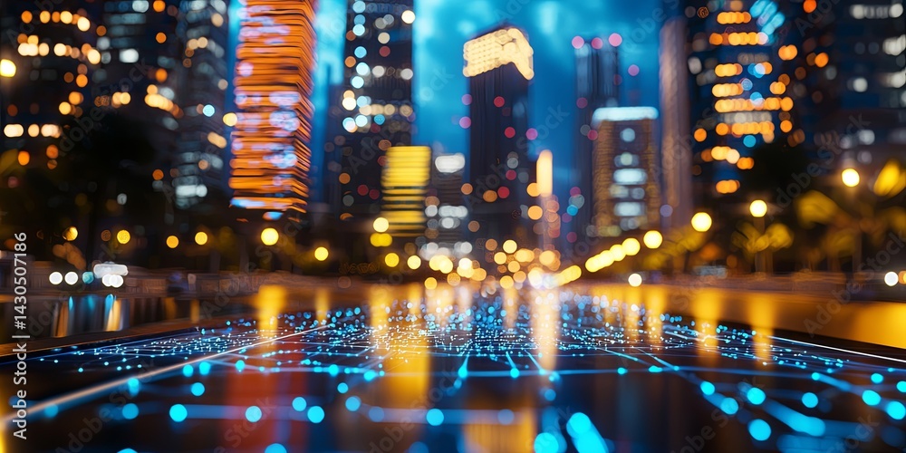 Poster futuristic city skyline with blue light effects and digital grid at night creating a modern urban vi