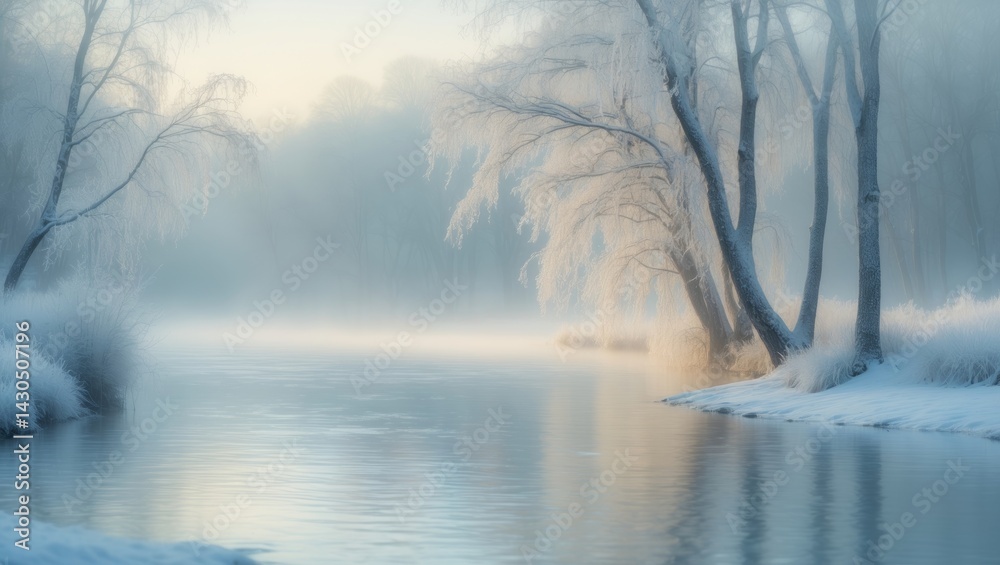 Poster frozen winter scenery with reflective water and frosted trees in a tranquil landscape