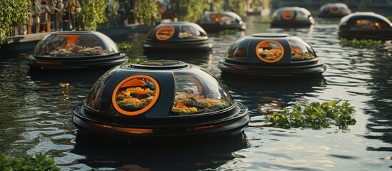 Obraz premium Futuristic Floating Food Stations: A Culinary Aquatic Experience