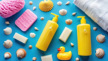 Photograph of baby bath products featuring shampoo, soap, towel, seashells, rubber duck, and beauty supplies in flat lay style