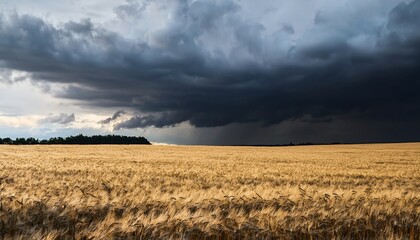 Fototapeta premium A dramatic landscape featuring a golden wheat field under looming dark storm clouds, showcasing the contrast between agriculture and impending weather.