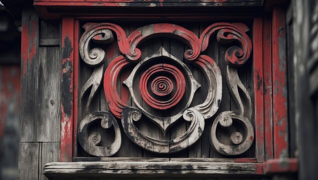 A traditional house exterior featuring a worn wood carving with geometric patterns in red, black, and white colors, showcasing cultural heritage and ancient design elements.