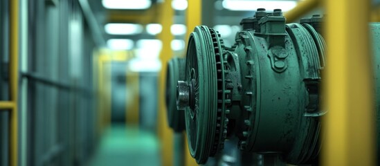 Fototapeta premium Industrial Machinery Close-Up: Teal Green Engine in Factory Setting