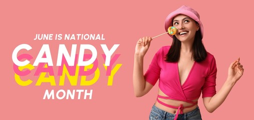 Happy young woman with sweet lollipop on pink background. Banner for National Candy Month