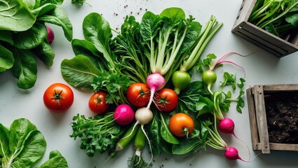 Raw organic vegetables and garden equipment displayed on light background for nutritious eating