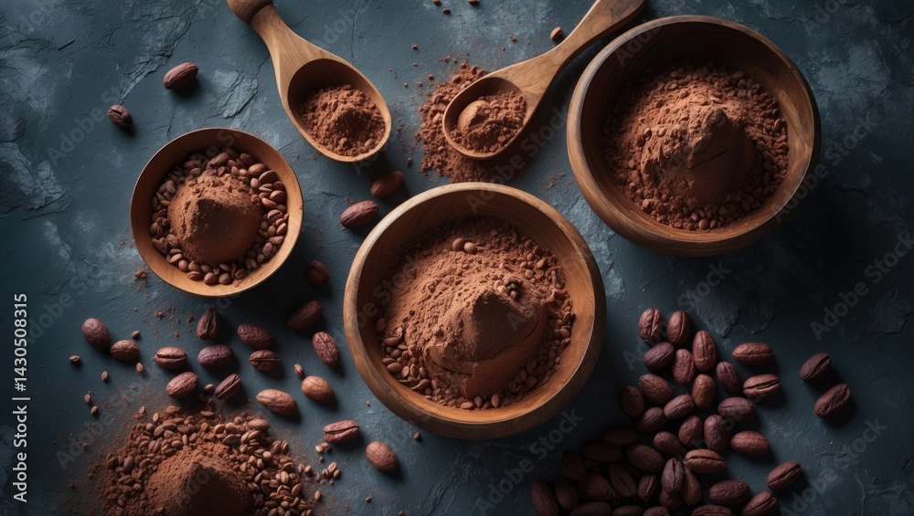 Poster cocoa powder and beans in bowls on a dark background