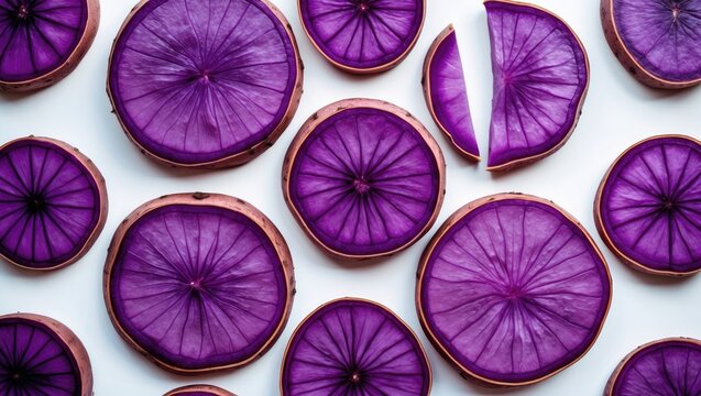 Purple yam slices displayed from above against a clean background