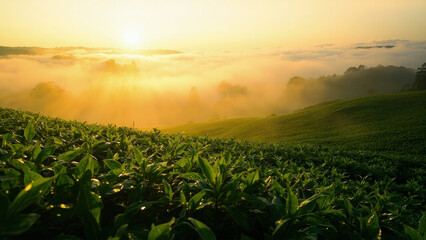Sunlight illuminating a tea field on a misty morning, creating a warm and inviting atmosphere. The image captures the essence of nature's beauty