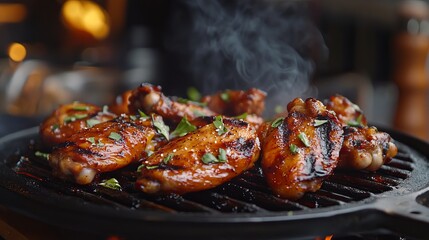 Delicious grilled chicken wings barbecue food spicy flavor summer hot bbq meal meat herb fire lunch