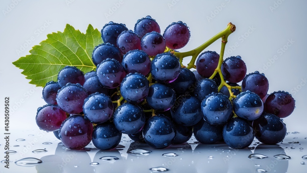 Aufkleber Cluster of grapes with water droplets and a leaf on a plain background