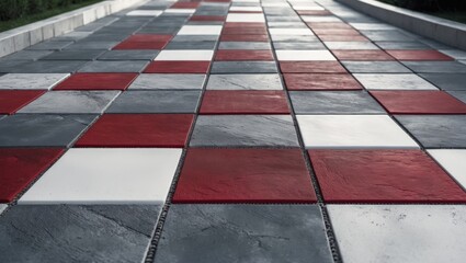 Red, gray, and white tiled floor with geometric pattern