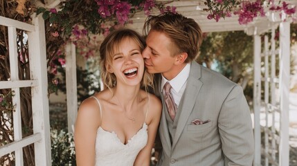 Candid couple laughter under blooming arbor dreamy floral canopy soft light spontaneous joy romantic garden wedding
