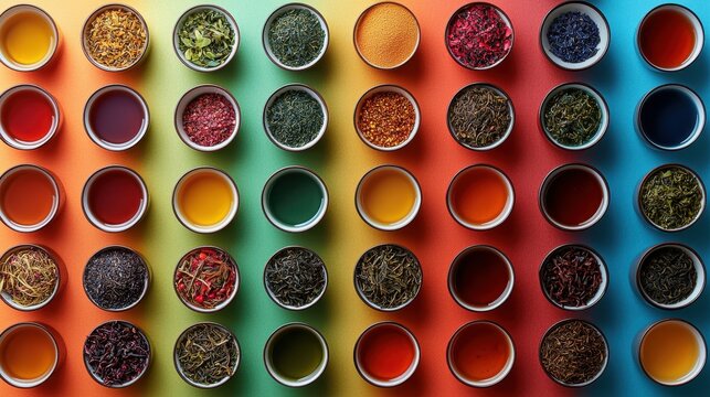 Colorful spices and herbs arranged in circular containers on a vibrant background.