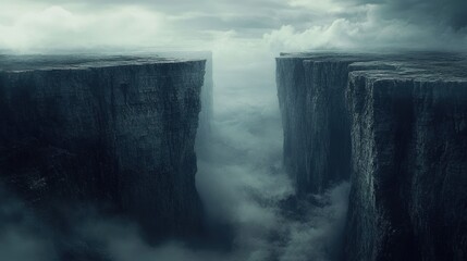 Vast, ominous cliffs meet in a misty chasm