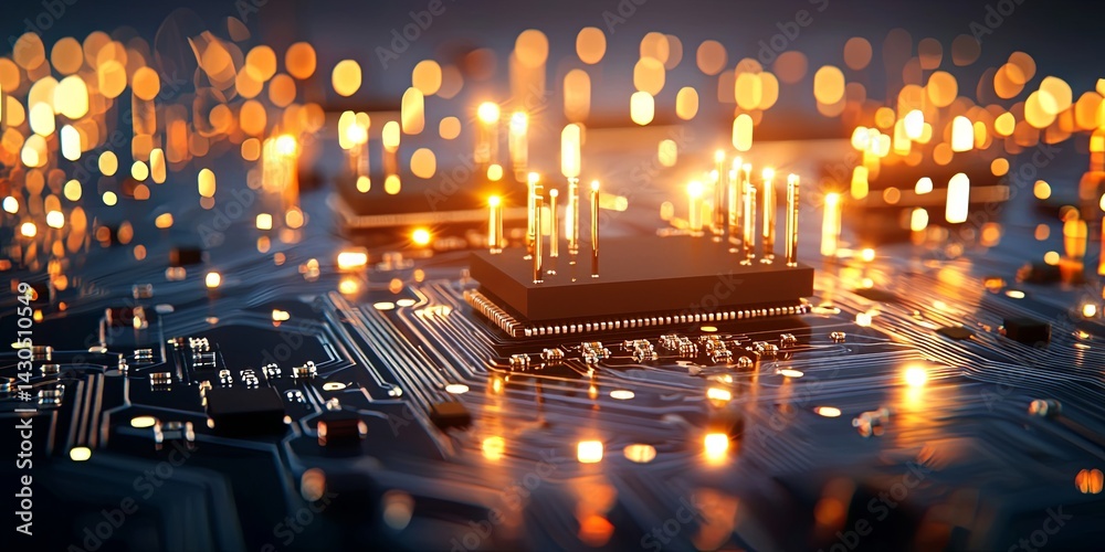Poster Close-up View of a Modern Computer Circuit Board with Microchips and Electrical Connections Showcasing Details of Technology and Innovation