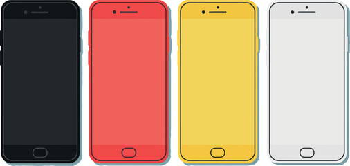 Colored smartphones in black red yellow and white modern mobile phone vector set 