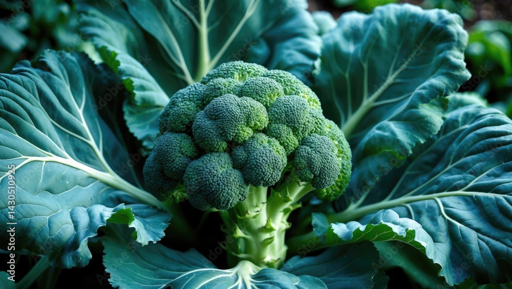Poster close-up of broccoli amidst a cabbage patch with natural farmland background