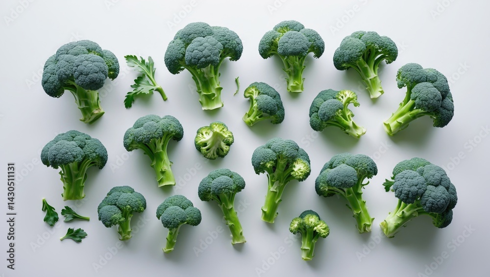 Aufkleber broccoli vegetable pattern isolated on a white background with various parts of broccoli flower, top