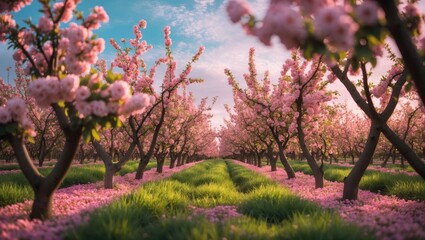 Rows of flowering peach trees in an orchard