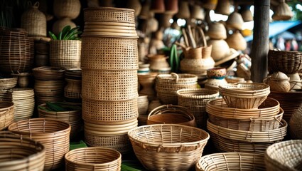A traditional market featuring handcrafted rattan, bamboo, and palm leaf products.