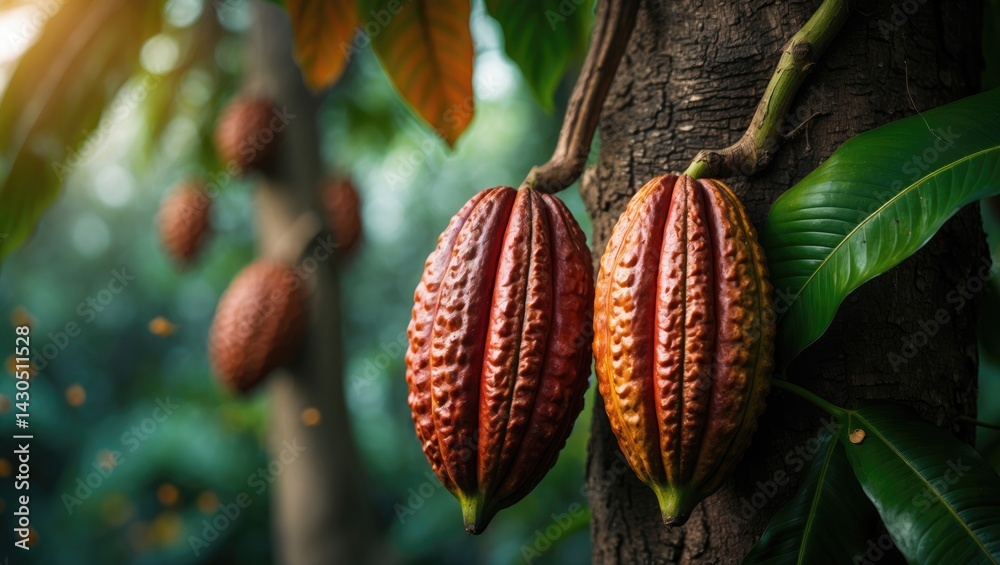Aufkleber Close-up of cocoa pods on cacao tree branch with blurred natural background