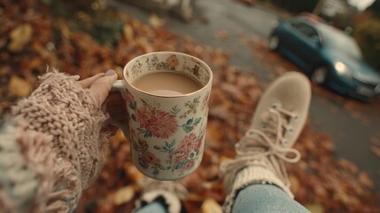 Sweater weather moment featuring knitwear boots warm socks and autumn drink walking through vibrant leaf trail fashion seasonal vibes