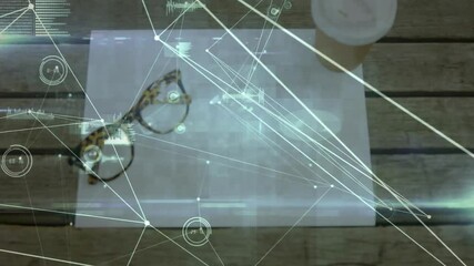 Blank sheet being visualized on wooden desk, presenting glasses coffee cup data overlays - Powered by Adobe