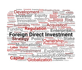 Obraz premium Foreign Direct Investment Word Cloud. Core Terms for Global Investment Strategies