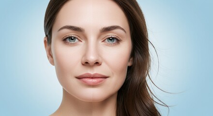 Naklejka premium Youthful Serenity Portrait of Woman Blending Aging Signs Through Seamless Circular Closeups on Light Blue Canvas