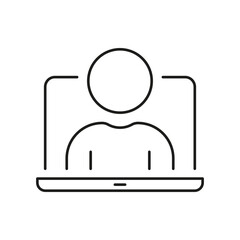 Person On Laptop Screen Line Icon. Virtual Meeting, Online Communication, And Remote Work Outline Symbol. Digital Interaction And Telecommuting. Editable Stroke. Isolated Vector Illustration