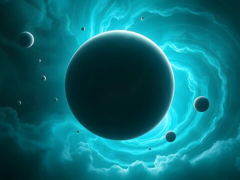 dark grey planet and surreal cosmic dreamscape with nebula swirling in teal hues, sci-fi theme