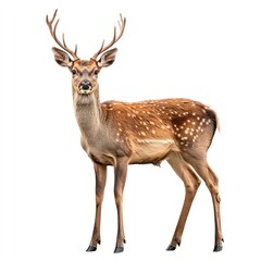 Fototapeta premium Elegant Sika Deer with Antlers Stands on White Background, a Captivating Wildlife Image