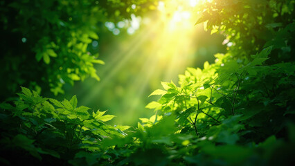 Fototapeta premium Sunlight filtering through the leaves of a lush green forest, creating a magical and ethereal glow. The warm rays of the sun illuminate the foliage.