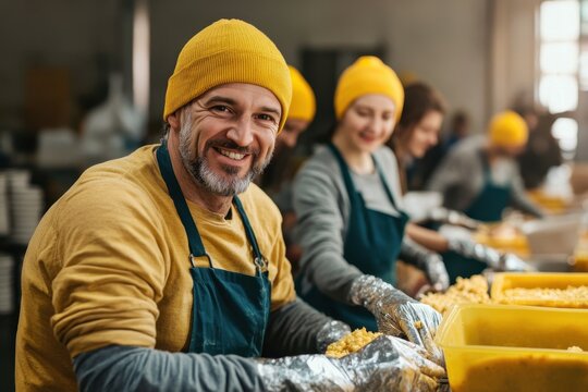 high detail image of cheerful volunteers preparing food for donation
